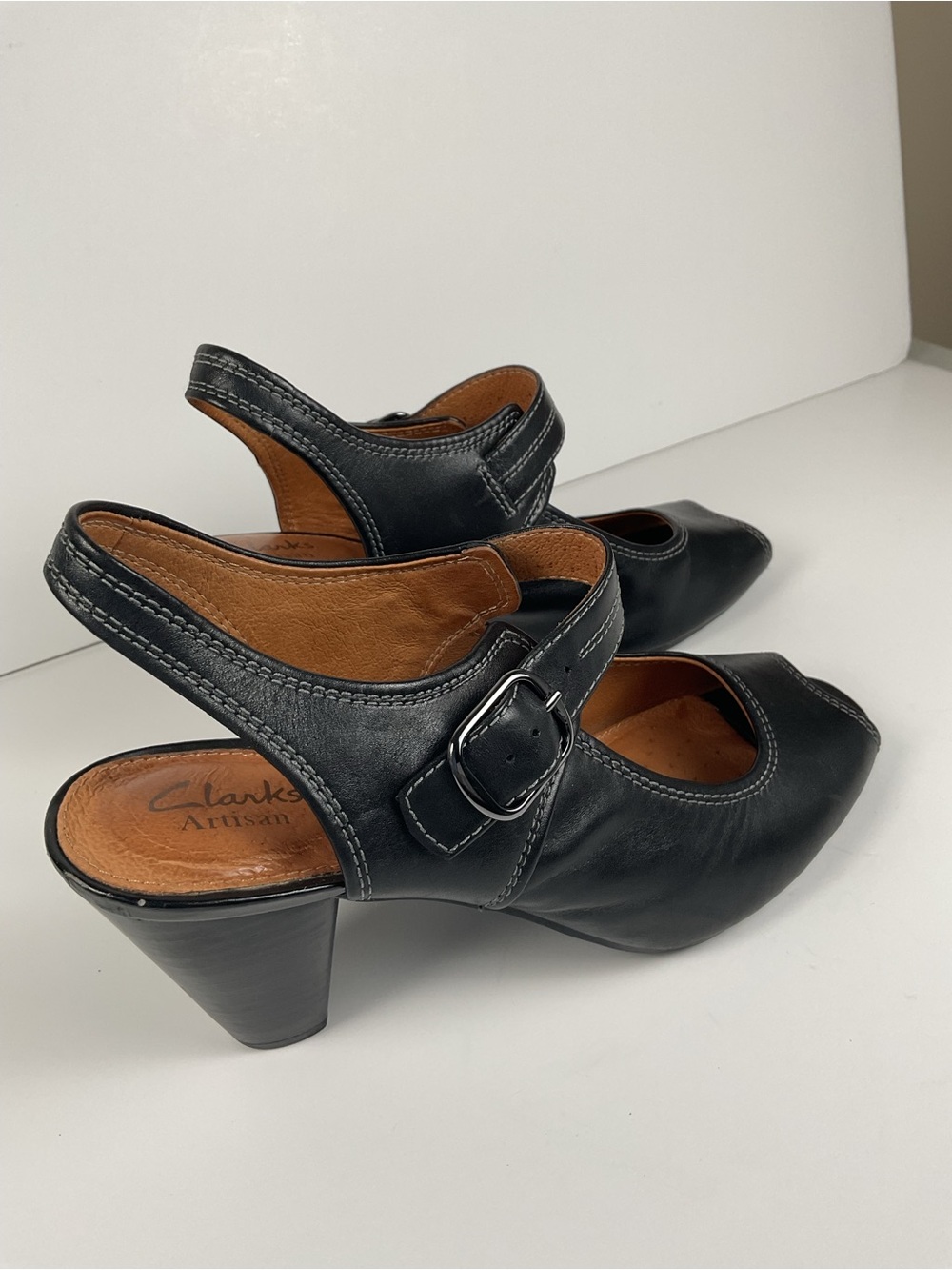 Clarks Artisan Black Leather Slingback Peep Toe Heels Women’s 9.5M - Picture 6 of 11